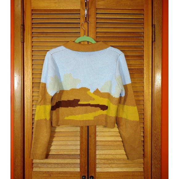Retro Knit Cropped Cardigan Sweater Womens Desert Landscape Medium Eclectic Art - Picture 3 of 5